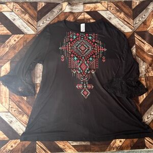 liberty Black Long Sleeve Top with Teal and Red Embroidered Geometric Front